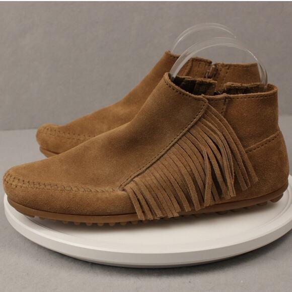Moccasin Boho Fringe MINNETONKA Women's 7.5 Bootie Brown Suede Side Zip Up - Picture 3 of 10
